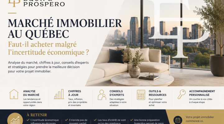 Couple accompagné d'un courtier hypothécaire discutant d'un projet immobilier au Québec dans un contexte d'incertitude économique.