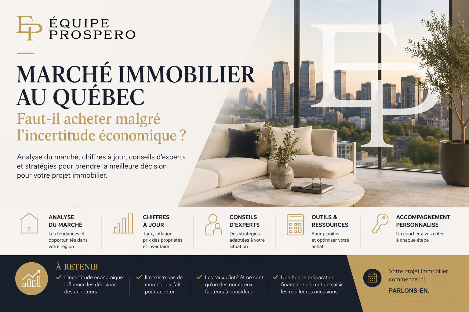 Couple accompagné d'un courtier hypothécaire discutant d'un projet immobilier au Québec dans un contexte d'incertitude économique.