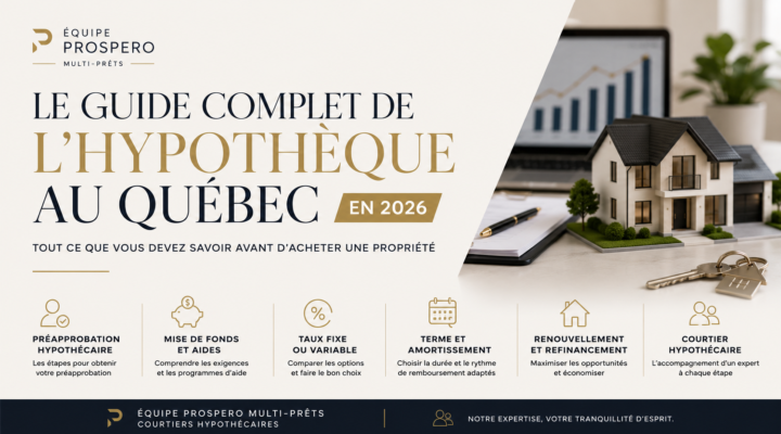 Bannière du Guide complet de l'hypothèque au Québec 2026 par Équipe Prospero Multi-Prêts présentant les principales étapes d'un projet hypothécaire, de la préapprobation au choix du taux hypothécaire.