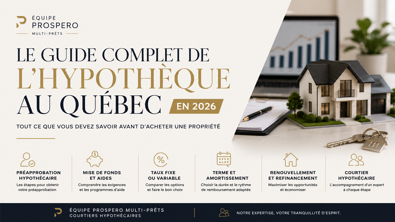 Bannière du Guide complet de l'hypothèque au Québec 2026 par Équipe Prospero Multi-Prêts présentant les principales étapes d'un projet hypothécaire, de la préapprobation au choix du taux hypothécaire.