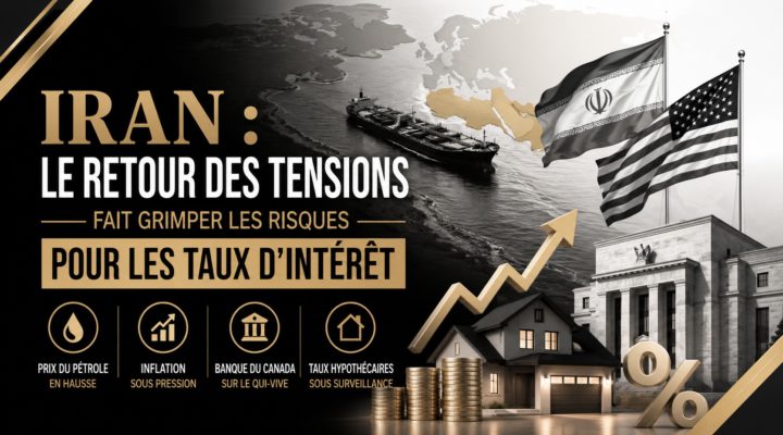Carte du Moyen-Orient illustrant les tensions entre l'Iran et les États-Unis et leur impact potentiel sur les taux hypothécaires au Canada.