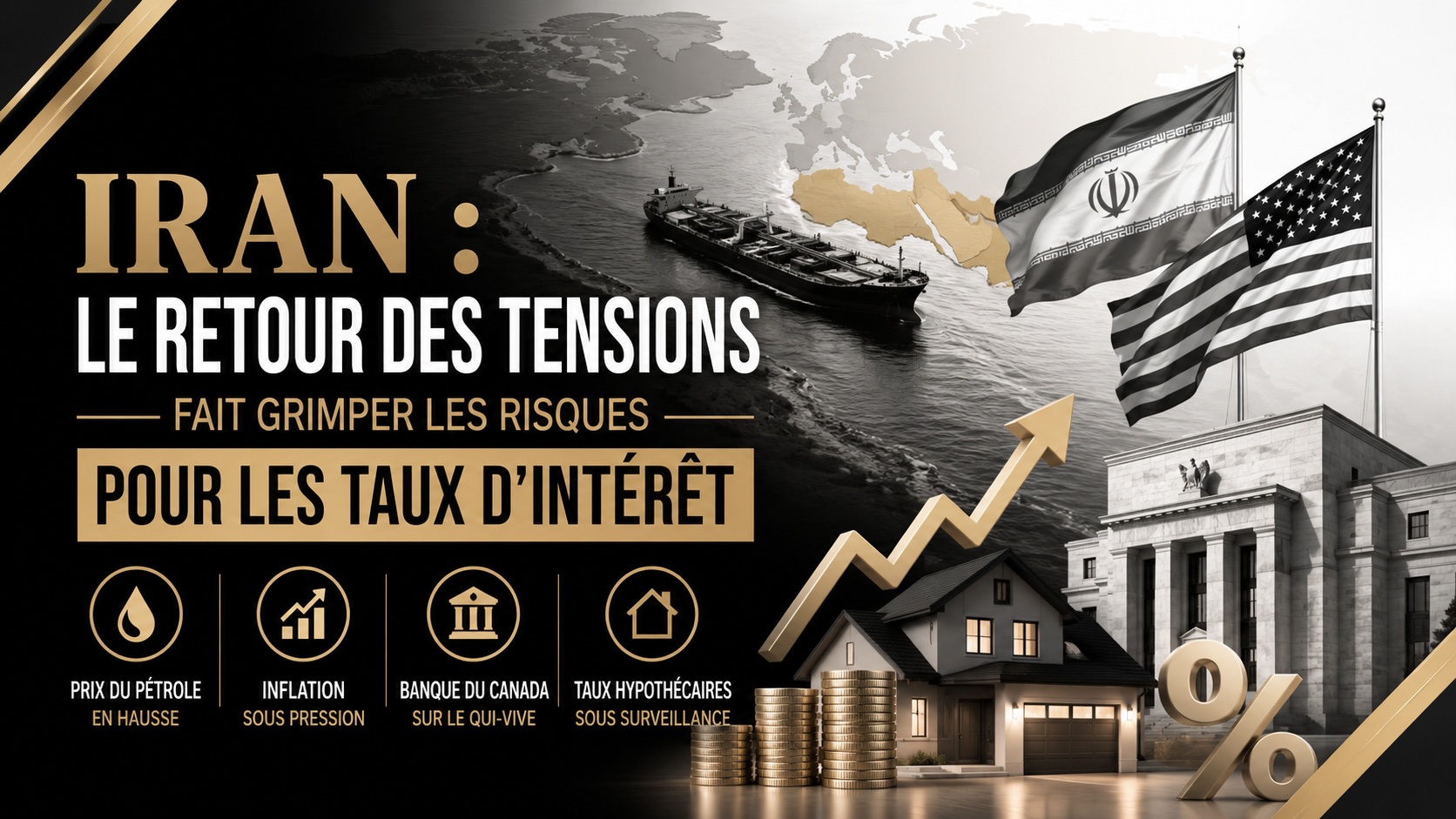 Carte du Moyen-Orient illustrant les tensions entre l'Iran et les États-Unis et leur impact potentiel sur les taux hypothécaires au Canada.