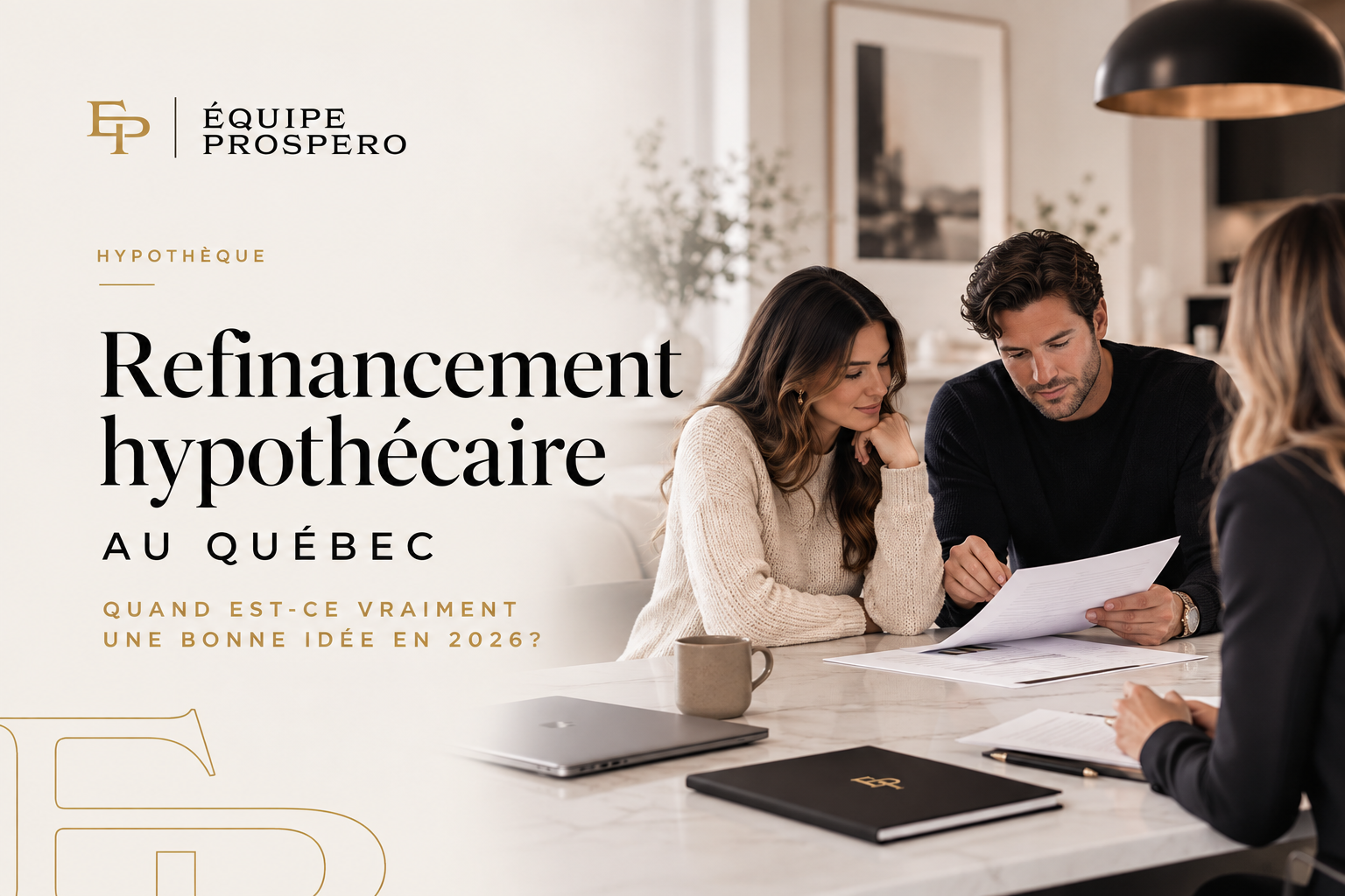 Couple discutant avec un courtier hypothécaire du refinancement de leur hypothèque au Québec.